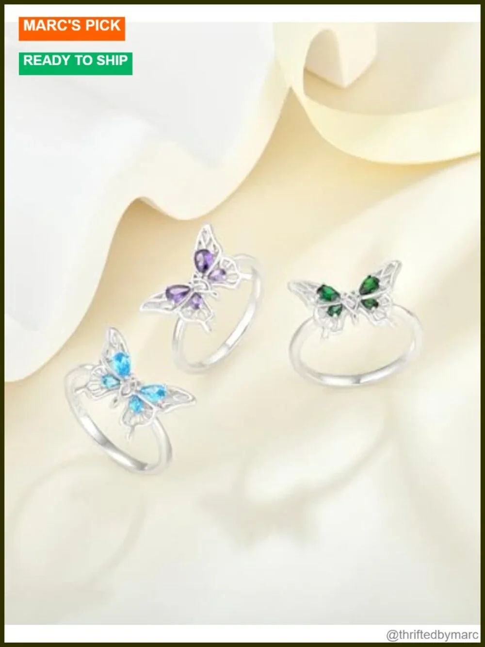 Sterling Silver 18K White Gold Plated Butterfly Birthstone Statement Band Ring